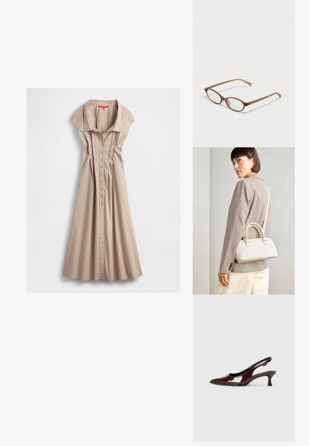 Bēšas krāsas kokvilnas kleita ar apkakli, īsām piedurknēm, priekšējo pogu aizdari un pleitu apdari, kas paplašinās līdz apakšmalai.; Brūnas patentētas ādas sprauga kurpes ar norādītu pirkstu un mērenu papēdi. Aprīkotas ar sprādzi, lai nodrošinātu drošu fit. Gluda tekstūra.; Brūnas bruņurupuču čuguna brilles ar ovālām lēcām, plānām kājām un caurspīdīgām akcentiem. Uz tempļa ir smalka logo. Sleek, viegla konstrukcija.; Balta strukturēta roku soma ar īsām rokturiem un plecu siksnu, ar zelta aparatūras akcentiem un strukturētu materiālu, izstādīta uz pelēka fona.