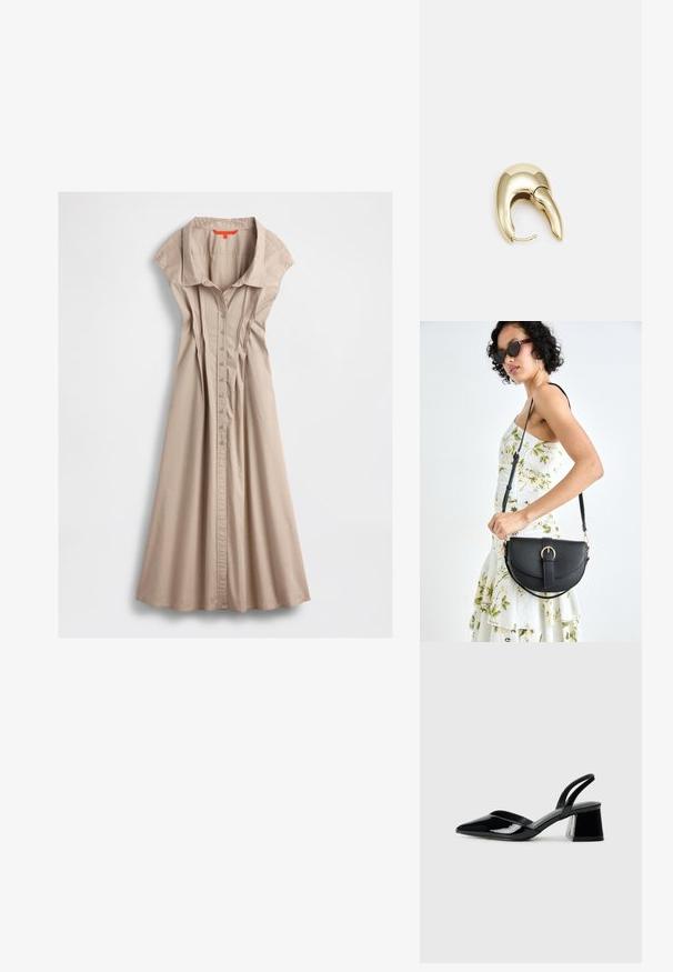 Beež puuvillane kleit, millel on krae, lühikesed varrukad, esiküljel nuppe kinnitav sulg ja volditud detailid, mis laienevad äärde.; Mustad musta lakknahk kingad, millel on terav varvas ja geomeetriline plokkkonts. Omab elegantselt minimalistlikku disaini ja sujuvat tekstuuri.; Mustmust mustraha kõverate joontega, eemaldatava rihmaga ja kuldsete detailidega. Kotil on klapp, millel on pandladetail.; Kuldtooni metallist kõrvarõngas, millel on elegantne ja kaarjas disain. Omab silmapaistvat teravat kuju, poleeritud pinda ja hingesulgemist.