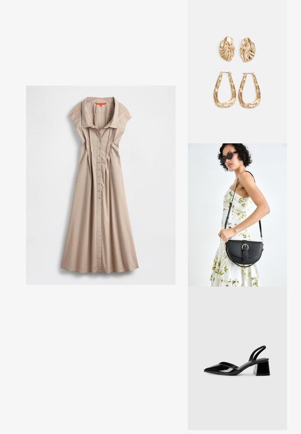 Bežinė medvilninė suknelė su apykakle, trumpomis rankovėmis, priekine mygtukų uždarymo sistema ir raukiniais, išsiplečianti link nederinio krašto.; Juodos lakuotos odinės šlepetės su smailiu pirštu ir geometriniu bloko kulnu. Turi elegantišką, minimalistinį dizainą ir lygų paviršių.; Juodas odinis krepšys su išlenkta forma, nuimamu dirželiu ir auksiniais detalėmis. Krepšys turi kilpą su sagtimi.; Auksinės auskarai, turintys tekstūruotus, bangų formos elementus. Įeina skulptūriniai segami auskarai ir atviri lankai su išmuštu paviršiumi.