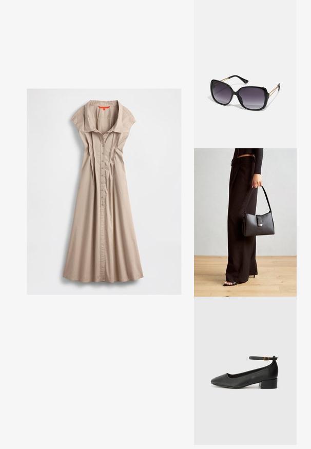 Beige Baumwollkleid mit Kragen, kurzen Ärmeln, durchgehender Knopfleiste und Falten-Details, das am Saum ausgestellt ist.; Schwarze Lederpumps mit spitzem Zehenbereich und niedrigem Blockabsatz. Mit einem Knöchelriemen und einer goldfarbenen Schnalle. Glatte Textur.; Schwarze übergroße Sonnenbrille mit getönten Gläsern, dicken Rahmen und goldfarbener Kettendetaillierung an den Bügeln.; Schwarze Handtasche mit strukturierter Form, glatter Textur und einem metallischen Verschluss. Kombiniert mit weiten schwarzen Hosen und offenen Sandalen auf einem Holzboden.