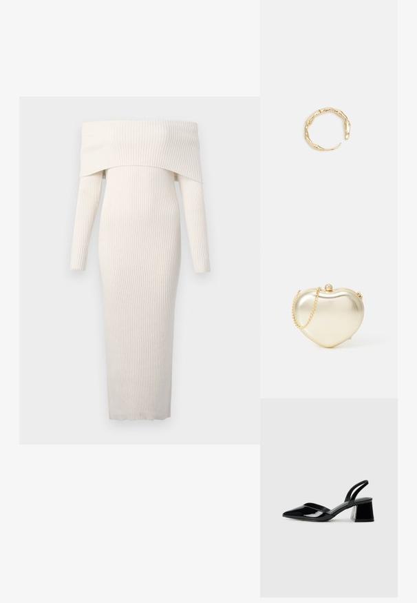 Kleita ar atklātiem pleciem, garām piedurknēm, ribota, mīksti krēmkrāsā, ar pieguļošu siluetu un vidukļa garumu.; Melna lakota āda ar atvērto papēdi, ar smailu purngalu un ģeometrisku blokpapēdi. Iezīmējas elegants, minimāls dizains un gluda tekstūra.; Zelta metāla sirds formas maciņš ar ķēdes siksnu un pērļu aizdari. Gluda tekstūra, kompakta dizaina, lai ērti ievietotu mazās nepieciešamības.; Zelta toņa gredzens ar organisku, vērptu dizainu, gludu virsmu un sašaurinātiem galiem, radot mūsdienīgu, skulpturālu izskatu.