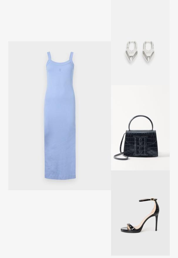 Gaiši zila bez piedurknēm kleita ribota materiāla ar pieguļošu siluetu, ar apaļu kakla izgriezumu un regulējamām siksnām.; Melna lakota ādas augstpapēžu sandale ar potītes siksniņu un zelta sprādzi, atvērta purngala, un šaura stiletto papēža uz vienkārša fona.; Melnas krokodila rakstā izgatavota ādas rokassoma ar strukturētu dizainu, augšējo rokturi, regulējamu siksnu un izteiktu priekšējo logotipa detaļu.; Sudraba sirdī formas piekariņi ar iegravētiem "JĀ" un "NĒ" tekstiem, pulēta apdare, simetrisks dizains un izturīgs metāla aizdare.