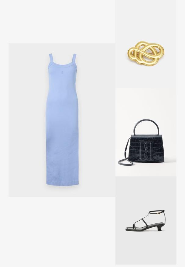 Világoskék, ujjatlan, bordázott anyagú ruha, testhez simuló sziluettel, kerek nyakkivágással és állítható pántokkal.; Fekete bőr szandál, négyzet alakú orral, vékony pántokkal, állítható bokapánttal és alacsony sarokkal. A pánton egy kis arany dísz található.; Fekete krokodilbőr hatású kézitáska, amelynek strukturált kialakítása van, felső fogantyúval, állítható pánttal és egy kiemelkedő elülső logó részlettel.; Arany színű brosúra, csomózott díszítéssel, sima, ívelt vonalakkal és bonyolult formával, fényes felülettel.