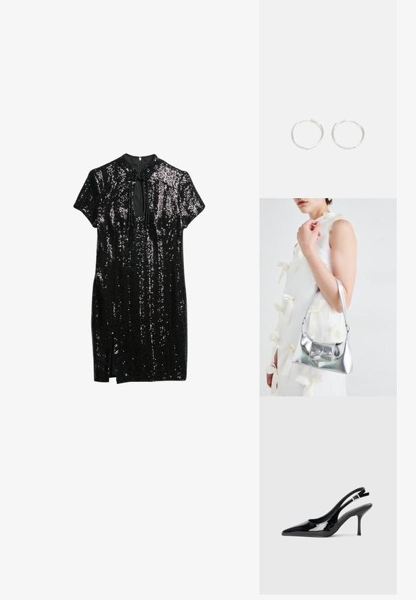 Robe noire ornée de sequins, dotée d'un col haut, de manches courtes et d'un détail en trou de serrure à l'avant, avec une légère fente au bas.; Escarpin en cuir verni noir, avec un bout pointu et un talon fin. Dispose d'une sangle à boucle ajustable à l'arrière. Texture lisse.; Sac à main métallisé argenté au design structuré, avec une poignée supérieure et un détail en nœud sur le devant. Texture lisse, fini réfléchissant.; Boucles d'oreilles en argent avec un design rond et épuré, présentant une surface lisse et sans embellissements visibles. Diamètre non spécifié.