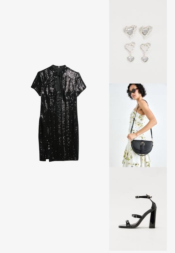 Vestido negro adornado con lentejuelas, con un escote alto, mangas cortas y un detalle de pecho en forma de lágrima, con una ligera abertura en el dobladillo.; Sandalias negras de charol con tacón alto, dos correas con hebilla, punta cuadrada y tacón grueso, con una textura lisa y brillante.; Bolso de piel negra con forma curva, correa desmontable y herrajes dorados. El bolso cuenta con una solapa con un detalle de hebilla.; Pendientes en forma de corazón plateados que presentan piedras claras facetadas, con un marco texturizado. El conjunto incluye estilos de perno y tipo gota.
