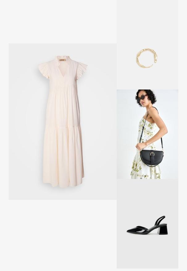 Maxi mekko vaaleasta beigestä puuvillasta, jossa on röyhelökaulus ja lyhyet hihat, kerroksittain oleva hame ja teksturoitu kangas.; Mustat patentoitu nahkakengät, joissa on säären takaosa ja terävä kärki, sekä geometrinen palikkakorko. Sisältää tyylikkään, minimalistisen muotoilun ja sileän pinnan.; Musta nahkainen käsilaukku, joka on kaareva muotoilultaan, irrotettavalla hihnalla ja kultaisilla yksityiskohdilla. Laukussa on läppä, jossa on solk yksityiskohta.; Kultaketju, jossa on orgaaninen, kierretty muotoilu, sileä pinta ja cappatut päät, luoden modernin, veistoksellisen ilmeen.