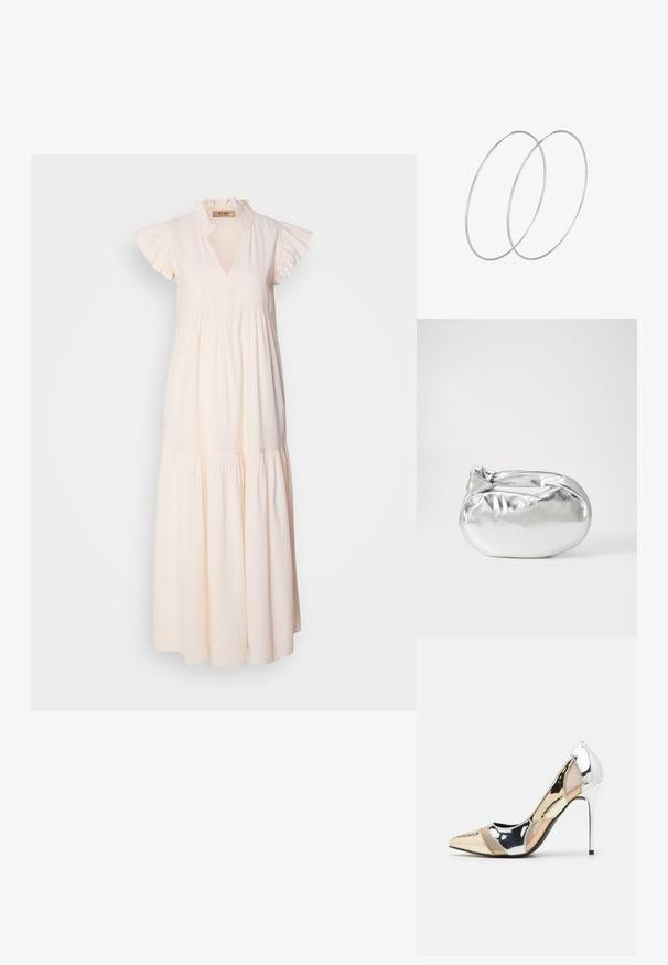Maxi obleka iz svetlo bež bombaža, z volanastim ovratnikom in kratkimi rokavi, s spletom krila in teksturirano tkanino.; Čevlji z visoko peto in konico, v barvni kombinaciji srebrne, zlate in nude. Sijajna obdelava z izrezljanim dizajnom, z igličasto peto.; Srebrna kovinska torbica z mehko, zaobljeno obliko in zavezano zgornjo zaporo. Narejena iz gladkega umetnega usnja.; Srebrne uhane v obliki obroča z minimalističnim dizajnom. Krožna oblika, gladka tekstura in tanek profil. Lahki s poliranim zaključkom.