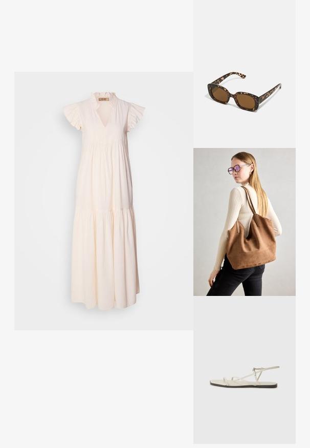 Rochie maxi din bumbac bej deschis, cu un guler volanat și mâneci scurte, având un design cu fuste în straturi și un material texturat.; Sandalie plate bej cu multiple bretele subțiri și o cataramă ajustabilă. Talpa este plată, cu un ușor contrast întunecat la margine.; Ochelari de soare cu chelă de broască țestoasă, având un cadru rotund și voluminos, cu lentile maro. Prezintă modele subtile și brațe drepte, conice.; Geantă de umăr din suede maro, cu o textură moale, deschidere mare și curele lungi. Prezintă un design simplu, cu cusături vizibile și fără accesorii metalice.