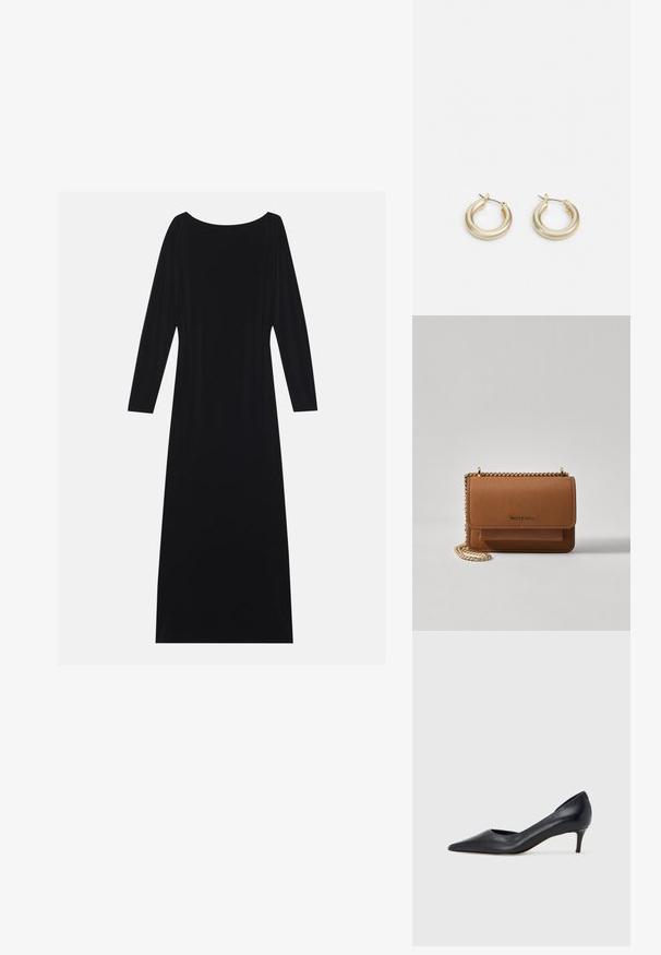 Vestido preto de manga longa com decote redondo, feito de um tecido suave. Apresenta uma silhueta fluida e um design minimalista, sem padrões.; Sapato de salto alto preto em pele com bico fino e salto baixo. Apresenta uma textura suave e brilho subtil. Corte aberto na parte da frente para um detalhe adicional.; Bolsa crossbody de couro texturizado castanho com alça de corrente dourada e fecho com aba. A parte da frente apresenta detalhe do logótipo e um bolso sob a aba.; Lauren Ralph Lauren BASIC SMALL HOOP - Brincos - gold-coloured