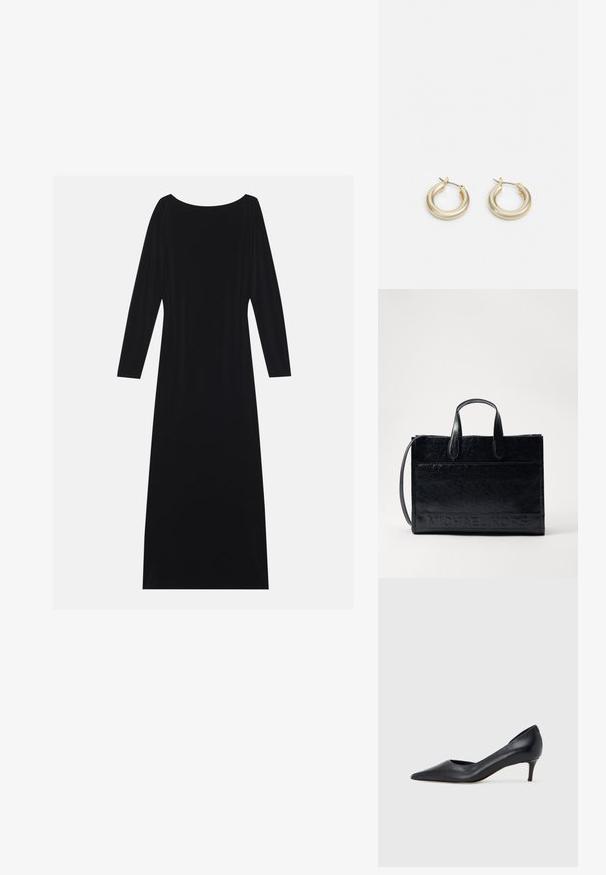 Črna obleka z dolgimi rokavi in krožnim izrezom, izdelana iz mehkega materiala. Ima pretirano silhueto in minimalističen dizajn brez vzorcev.; Črni usnjeni čevelj s koničastim prstom in nizkim tihim peto. Ima gladko teksturo in subtilen lesk. Spredaj odprt izrez za dodaten detajl.; Črna usnjena torba z dvema zgornjima ročajema, snemljivim ramenskim trakom in reliefnim logotipom "MICHAEL KORS" na sprednji strani. Gladka tekstura.; Lauren Ralph Lauren BASIC SMALL HOOP - Uhani - gold-coloured