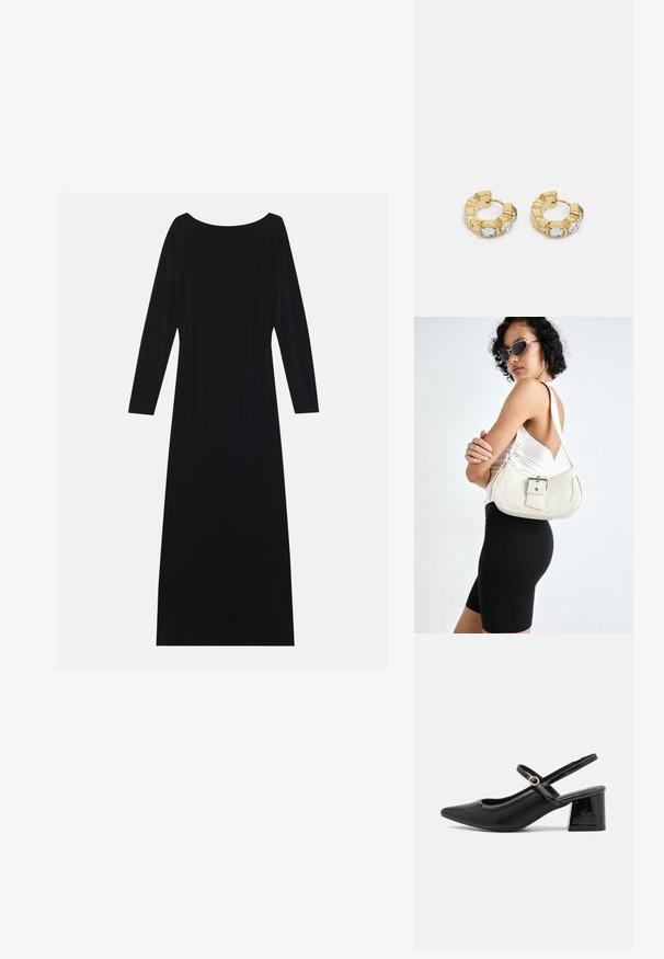 Vestido preto de manga longa com decote redondo, feito de um tecido suave. Apresenta uma silhueta fluida e um design minimalista, sem padrões.; Sabrinas de cerâmica preta com salto bloco, bico apontado e um design com recortes arredondados. Apresenta um detalhe em fivela de tom dourado.; Bolsa de couro branca com um formato curvado, alça ajustável e um pequeno detalhe de fivela. Modelo usa um traje preto ajustado.; Brincos de argola dourados com um design texturizado e três cristais transparentes em um lado, oferecendo uma estética geométrica moderna.