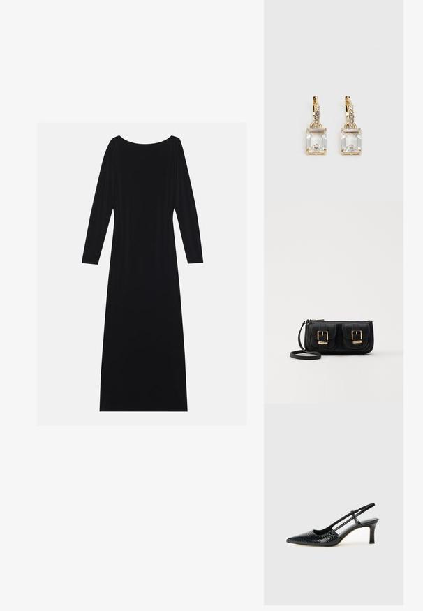Čierne šaty s dlhým rukávom a okrúhlym výstrihom, vyrobené z mäkkej látky. Majú splývavý siluetu a minimalistický dizajn bez vzorov.; Čierne patentové slingback topánky na ihlovom podpätku s špicatou špičkou, s textúrovaným hadím vzorom, nastaviteľným popruhom a krátkym, textúrovaným blokovým podpätkom.; Čierna kožená crossbody taška s dvoma prednými vreckami, zlatými sponami, zipsovým uzatváraním a úzkym popruhom. Štruktúrovaný povrch a kompaktný obdĺžnikový tvar.; Náušnice v zlatej farbe, ktoré majú obdĺžnikový, transparentný kryštál visiaci pod radom malých, guľatých, čírych akcentov. Elegantný, moderný dizajn.