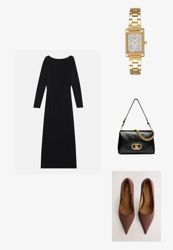 Sort langærmet kjole med scoop-udskæring, lavet af blødt stof. Har en flydende silhuet og minimalistisk design uden mønstre.; Brune satin spidsede høje hæle med en glat tekstur, med lav udskæring og minimalistisk design. Indvendig foring er beige.; Sort læder skuldertaske med en krøllet tekstur, guldkæde detalje og en fremtrædende guldspænde med et ovalt logo. Justerbar skulderrem.; Guldtonet rektangulær armbåndsur med en hvid skive, sølvtonede time markører og et holdbart metalled. Vandafvisende funktion inkluderet.