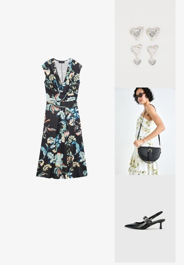 Fekete virágmintás ruha rövid ujjal, V-kivágással és testhez simuló derékkal. Élénk virágmintával rendelkezik türkiz, rózsaszín és fehér színben, matt anyagból.; Fekete lakkbőr slingback sarkú cipők hegyes orral és kis blokk talppal, ezüst csat díszítéssel a pánton.; Fekete bőrtáska ívelt formával, levehető pánttal és arany színű fémrészekkel. A táskán egy csattal díszített fedél található.; Ez az ezüst szív alakú fülbevaló sima, átlátszó kövekkel rendelkezik, texturált kerettel. A készlet stud és csepp stílust is tartalmaz.