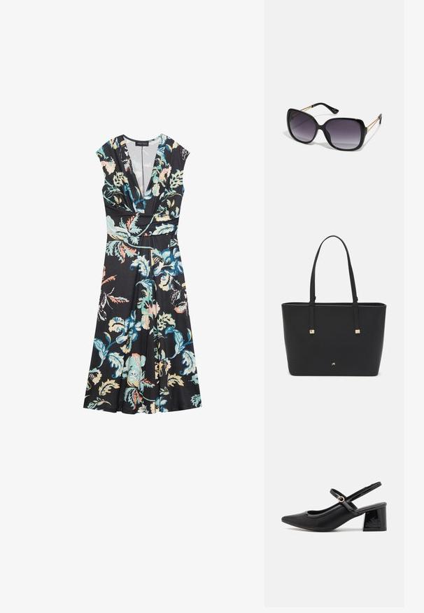 Crna cvjetna haljina s kap sleeves, V-izrezom i prilagođenim strukom. Ima živopisan cvjetni uzorak u tirkiznoj, ružičastoj i bijeloj boji na matiranom materijalu.; Crne lakirane slingback visoke potpetice s šiljastim vrhom, zaobljenim izrezom i blok potpeticom. Sadrži akcent zlatnog tona s kopčom.; Crne prevelike sunčane naočale s gradijentnim lećama, debelim okvirom i zlatnim lancem kao detaljem na krakovima.; Crna torba od sintetičkog materijala, s jednostavnim pravokutnim dizajnom, zlatnim kvadratnim detaljima i dvostrukim ručkama.