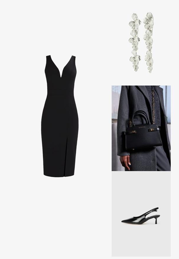 Czarna sukienka bez rękawów z głębokim dekoltem w kształcie V, dopasowany krój, długość do kolan oraz rozcięcie z przodu dla dodatkowego efektu. Gładka tekstura materiału.; Czarne lakierowane sandały na obcasie z wąskim noskiem, cienkim obcasem i regulowanym paskiem z klamrą. Gładka faktura z minimalnymi zdobieniami.; Steve Madden - Torebka; Srebrne kolczyki z kwiatowym wzorem i warstwowymi liśćmi. Tekstura wydaje się skomplikowana i wypolerowana, podkreślając naturalny motyw.