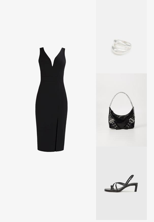 Mustam bikiinita kleit, sügava V-kaelusega, kehaümber ja põlvepikkune, koos esise splitiga lisadetailiks. Sile kangastekstuuri.; Mustast rihmajalatsid ruudukujulise varba ja madala ploki kontsaga. Omab mitmeid õhukesi rihmasid ja reguleeritavat pahkluu rihma. Valmistatud siledast nahast.; Must värviline lakknahast käsipagas, millel on läikiv hõbedane kett, dekoratiivsete rihmade ja metallist silmadega. Sujuv, kaardus kuju.; Hõbedane kahekordne rõngas sujuva, poleeritud pinnaga. Omab voolavat, kõverat disaini, millel on kattuvad sektsioonid, et saavutada kaasaegne ilme.