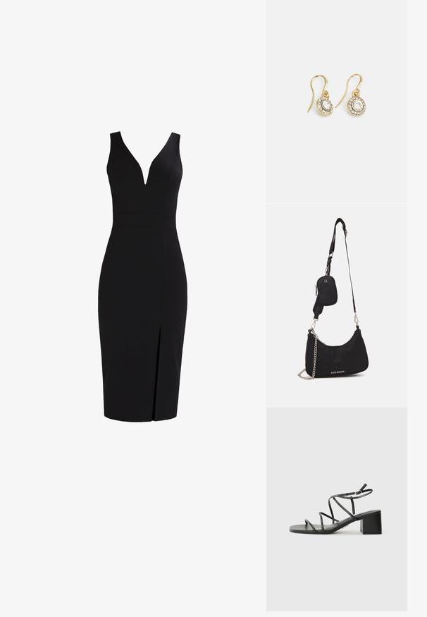 Black sleeveless dress with a deep V-neck, form-fitting silhouette, knee-length, and a front slit for added detail. Smooth fabric texture.; Black strappy sandals with a square toe and a chunky heel, made of smooth material. Features adjustable ankle straps and minimal hardware.; Black nylon shoulder bag with a curved shape, silver chain accent, detachable mini pouch, and adjustable strap; features "Steve Madden" logo.; Gold-tone earrings with oval-shaped clear crystals surrounded by smaller clear stones, featuring a hook design for secure wear.