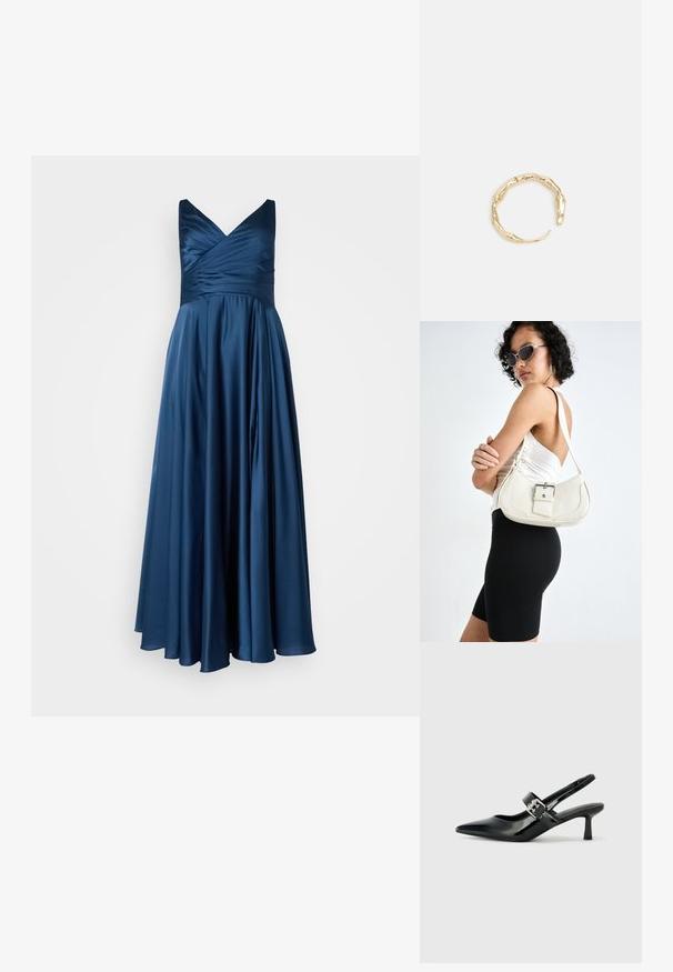 My Mascara Curves Apģērbs svinīgiem gadījumiem - airforce; Melnas lakotas ādas sūkņa kurpes ar norādītu purngali un mazu bloku papēdi, ar sudraba sprādzi akcentā uz jostas.; Balta ādas rokassoma ar izliekta formu, regulējamu siksniņu un mazu sprādzi. Modelis valkā pieguļošu melnu apģērbu.; Zelta toņa gredzens ar organisku, vērptu dizainu, gludu virsmu un sašaurinātiem galiem, radot mūsdienīgu, skulpturālu izskatu.