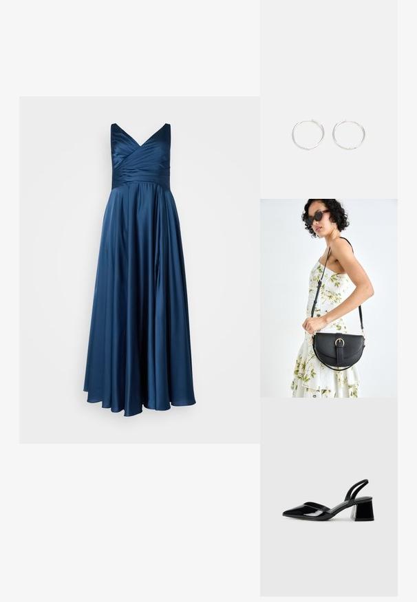 My Mascara Curves Proginė apranga - airforce; Juodos lakuotos odinės šlepetės su smailiu pirštu ir geometriniu bloko kulnu. Turi elegantišką, minimalistinį dizainą ir lygų paviršių.; Juodas odinis krepšys su išlenkta forma, nuimamu dirželiu ir auksiniais detalėmis. Krepšys turi kilpą su sagtimi.; Sidabrinės auskarai žiedai su sėslia, apvalia forma, pasižymintys lygia paviršiumi ir be matomų puošmenų. Svoris nenurodytas.