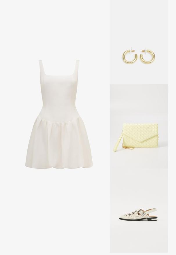 Rochie albă fără mâneci, realizată dintr-un material ușor, având un corset ajustat și o fustă în ac de păr, cu o textură netedă.; Sandale slingback din piele albă cu multiple curele late și catarame argintii; talpă plată cu un mic toc negru și accente metalice.; Poșetă de mână țesută, de culoare galbenă, cu un design cu clapetă, curea detașabilă pentru încheietura mâinii și un accent din lanț auriu. Textură netedă și formă rectangulară.; Cercei cercuri din aur cu un finisaj neted și strălucitor. Design circular cu un mic suport și un spate transparent pentru o purtare sigură.