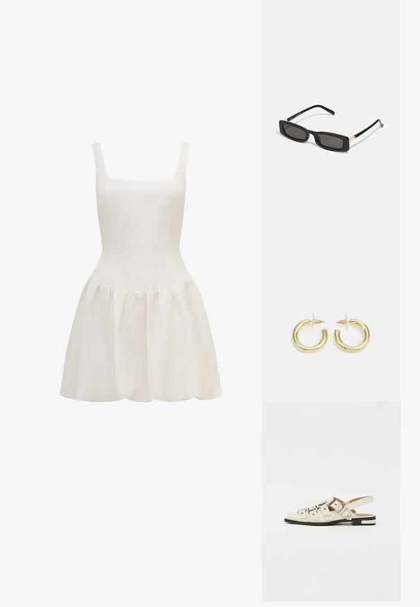 Valge ilma varrukateta kleit, mis on valmistatud kerge kangaga, omades vormitud rinda ja laienevat, volanevat seelikut, millel on sile tekstuur.; Valged nahast slingback-sandaalid, millel on mitmeid laiad rihmad ja hõbedased pandlad; tasane tald väikese musta kanna ja metalliliste detailidega.; Mustad ristkülikukujulised prillid tumedate läätsedega, läikivad plastraamid ja kuldsed aktsendid templites. Minimalistlik disain ja voolujooneline kuju.; Kuldne rõngassõrmused sileda ja läikiva viimistlusega. Ringikujuline disain, millel on väike post ja selge tagumine külg, et tagada kindel kandmine.