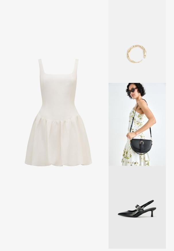 Vit ärmlös klänning i lätt material, med en figurnära överdel och en utsvängd, rynkad kjol med en slät yta.; Svarta patentläder slingback-klackar med spetsig tå och en liten blockklack, med en silvrig spänneaccent på remmen.; Svart läderhandväska med en böjd form, avtagbar rem och guldiga detaljer. Väskan har ett lock med en spänndetalj.; Ring i guldutförande med en organisk, vriden design, slät yta och avsmalnande ändar, vilket ger ett modernt, skulpturalt utseende.