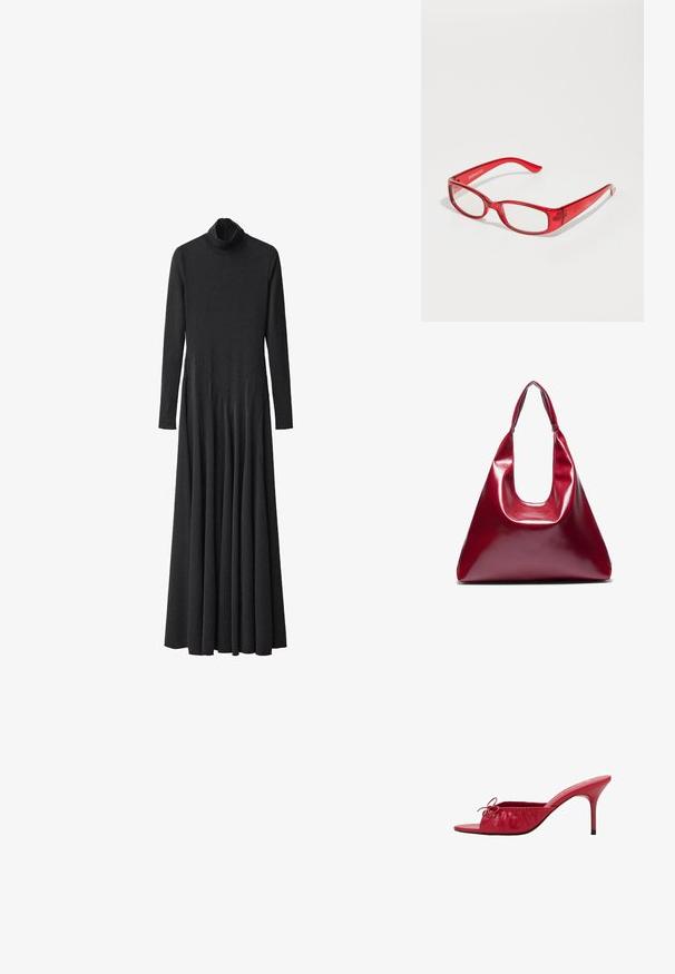 Czarna sukienka z długim rękawem i wysokim dekoltem, wykonana z gładkiego materiału, z rozkloszowanym dołem i plisowanym detalem od pasa w dół.; Czerwone skórzane klapki z otwartym noskiem, z zebranym, plisowanym wzorem i dekoracyjną kokardą. Posiadają szpilkowy obcas i gładkie wykończenie.; Czerwone plastikowe okulary w prostokątnej oprawie, z przezroczystymi soczewkami i cienkimi zausznikami. Na zauszniku jest wytłoczone logo marki "even&odd".; Czerwona, błyszcząca skórzana torebka o trójkątnym kształcie, z szerokim otwarciem na górze i pojedynczym, zaokrąglonym uchwytem. Gładka tekstura z minimalnymi detalami przeszyć.