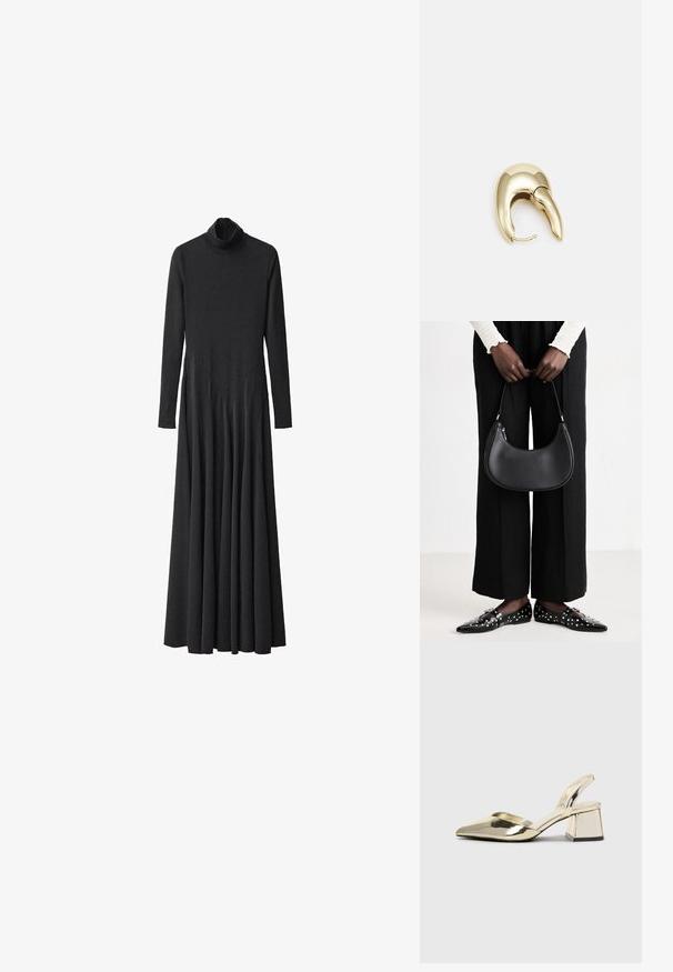 Schwarzes Langarmkleid mit hohem Halsauschnitt, aus glattem Stoff, mit einem ausgestellten Rock und Faltendetails von der Taille abwärts.; Goldene, metallische Slingback-Absätze mit spitzem Zeh und dicker Ferse. Glatte Textur, minimalistisches Design und ein schmaler Riemen.; Schwarze Leder-Schultertasche mit runder Form, glänzender Oberfläche und silbernem Beschlag. Person trägt schwarze weit geschnittene Hosen und Nieten-Loafers.; Ohrringe aus goldfarbenem Metall mit einem schlanken, geschwungenen Design. Sie verfügen über eine markante, spitze Form, eine polierte Oberfläche und einen Scharnierverschluss.