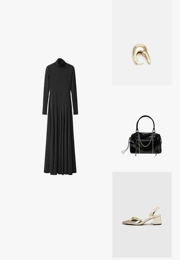 Čierne dlhé rukávy šaty s vysokým výstrihom, vyrobené z hladkej textílie, s rozšírenou sukňou a skladanými detailami od pásu nadol.; Zlaté kovové lodičky na podpätku so špicatou špičkou a robustným podpätkom. Hladký povrch, minimalistický dizajn a úzka remienok.; Bershka WITH CHAIN - Kabelka - black; Náušnice z kovu v zlatej farbe s elegantným, zakriveným dizajnom. Majú charakteristický špicatý tvar, leštený povrch a uzáver na pánt.