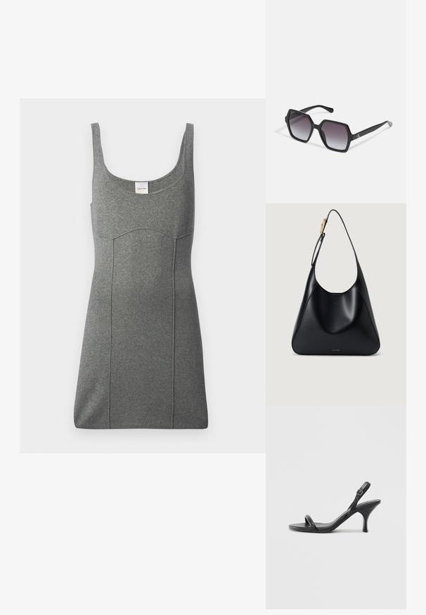 Grå ärmlös klänning i jersey material, med rundad halsringning, figurnära passform och subtil sömdetaljering. Etikett synlig vid halsringningen.; Svarta läder högklackade sandaler med en smal, böjd klack och ett korsat remdesign. Justerbar ankelrem. Slät textur.; Svarta sexkantiga solglasögon med gradientlinser, med en glansig finish och subtil branding på skalmen. Hållbar plastkonstruktion.; Svart läderaxelväska med en slät yta, böjd silhuett och en gulddetalj. Har en präglad logotyp vid basen.