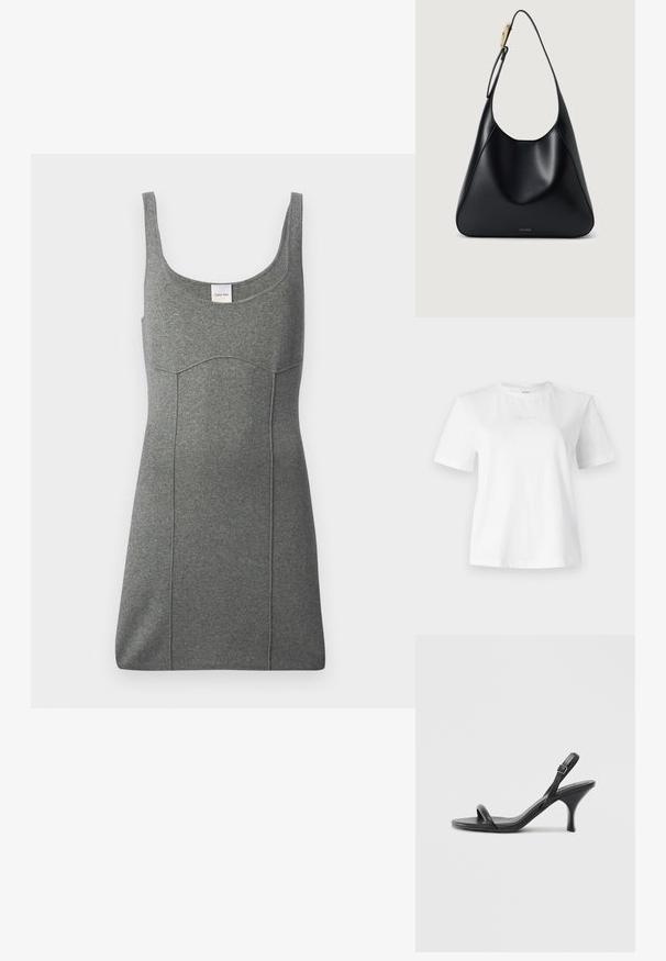 Pelēka bezpiedurkņu kleita, izgatavota no džersija materiāla, ar apaļu izgriezumu, pieguļošu formu un smalku vīļu detaļām. Uz izgriezuma redzama etiķete.; Balts kokvilnas t-krekls ar īsām piedurknēm, apaļu kakla izgriezumu un smalku izsistā Calvin Klein logotipu uz priekšpuses. Gluda tekstūra, klasiskā piegriezne.; Melnas ādas augstpapēžu sandales ar plānu, izliekta formas papēdi un krustenisku siksnu dizainu. Regulējama potītes siksna. Gluda tekstūra.; Melnas ādas plecu soma ar gludu tekstūru, izliekta silueta un zelta aparatūru. Aprīkota ar debumpētu zīmola logotipu apakšā.