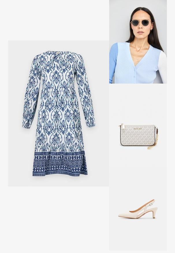 Langermet kjole med hvit bunn og blå og teal blomsterdesign. Rynket liv og en kontrasterende mønstret kant.; Hvit slingback-hel med spiss tå, glatt overmateriale, lav blokkhelt, og cut-out-design på siden med justerbar spenne.; Runde solbriller med mørke linser og guldrammer. Modellen har en lyseblå, ribbet cardigan med knapper og kontrast hvide ærmer på.; Michael Kors håndleddsveske i beige belagt kanvas med et gjentakende MK-logo mønster, gullfarget maskinvare og en avtakbar kjede-rem.