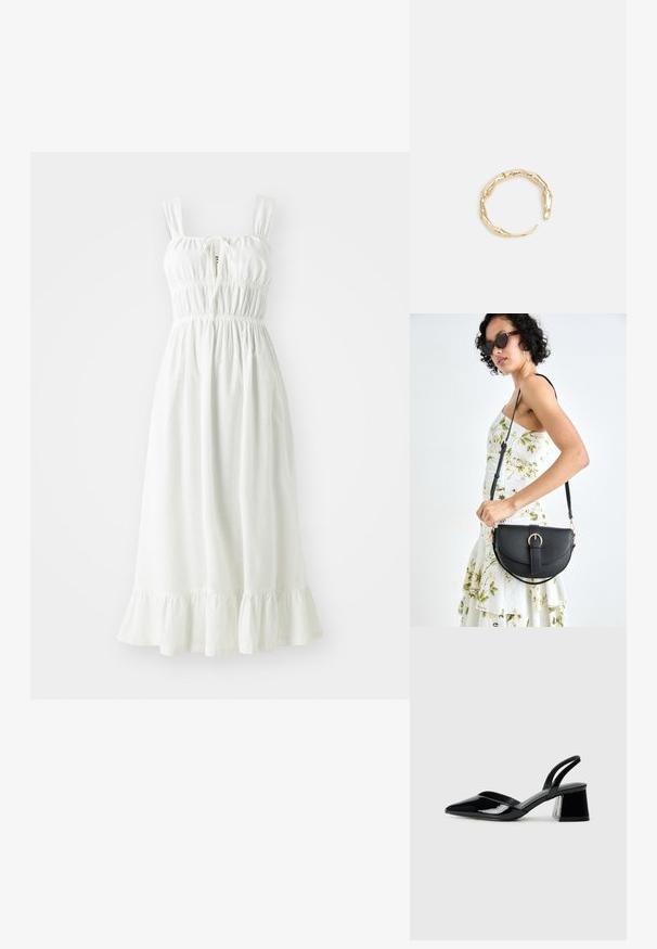 White linen dress with a gathered bodice, adjustable straps, and ruffled hem. Features a keyhole detail at the front.; Black patent leather slingback heels with a pointed toe and a geometric block heel. Features a sleek, minimal design and smooth texture.; Black leather handbag with a curved shape, detachable strap, and gold hardware. The bag features a flap with a buckle detail.; Gold-tone ring featuring an organic, twisted design with smooth texture and tapered ends, creating a modern, sculptural appearance.
