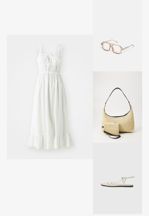 Robe en lin blanc avec un corsage froncé, des bretelles ajustables et un ourlet à volants. Elle présente un détail en trou de serrure à l'avant.; Sandale plate beige avec plusieurs fines lanières et une boucle réglable. La semelle est plate avec un léger contraste sombre sur le bord.; Lunettes hexagonales transparentes avec des teintes marron clair ; monture épaisse et claire avec des branches fines ; aucune logo ou motif visible.; Sac à main en paille tissée avec une silhouette courbée, doté d'une bandoulière en cuir noir lisse et d'une petite pochette assortie attachée par une sangle pour le poignet.