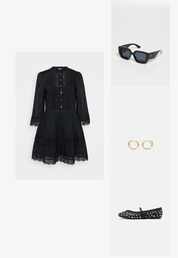 Juodas suknelė iš lengvo audinio, su sagomis priekyje, ilgomis rankovėmis, nėriniuota detalėmis ir sluoksniuota sijonu su banguotu kraštu.; Juodas odinis baleto batelis, puošiamas sidabrinėmis studelėmis. Apima dirželį per pėdos vidurį ir apvalią noselę.; Juodos didelės saulės akinių su geometriniu raštu, stačiakampiais objektyvais ir blizgiu paviršiumi. Nėra matomo prekės ženklo priekyje.; Auksiniai auskarai su sklandžiu, apvaliu dizainu. Savybės: mažas uždarymo mechanizmas, lengvas įvaizdis ir poliruotas paviršius.