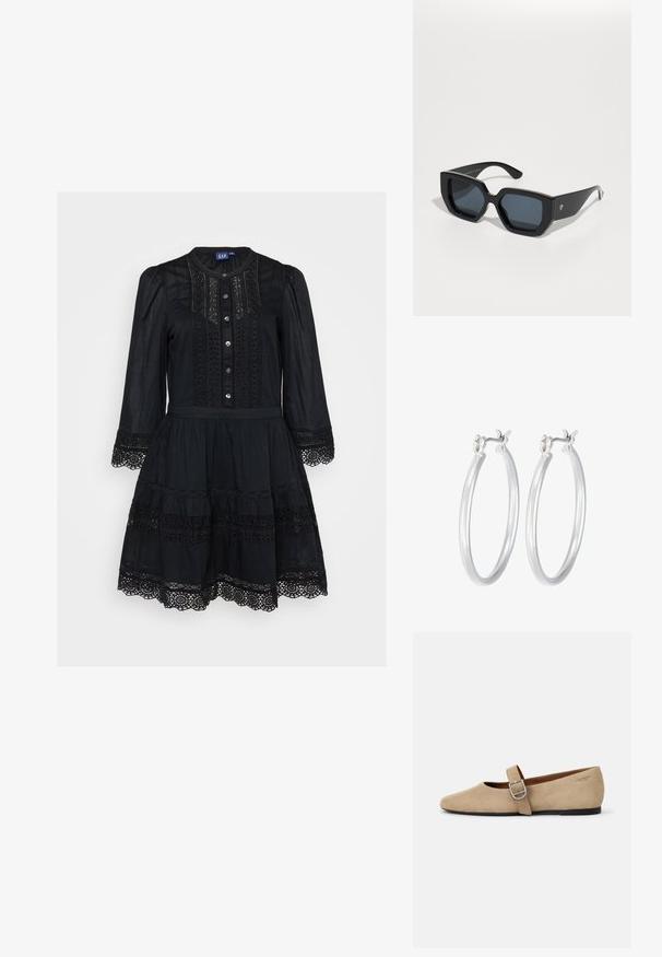 Abito nero realizzato in tessuto leggero, con un davanti bottonato, maniche lunghe, dettagli in pizzo e una gonna a più strati con orlo sagomato.; Ballerine Mary Jane in suede beige con punta appuntita e un'unica fascia regolabile con fibbia in argento. Suola piatta nera.; Occhiali da sole neri oversize con un design geometrico, lenti rettangolari e finitura lucida. Nessun marchio visibile nella parte anteriore.; Orecchini a cerchio in argento con una finitura liscia e lucida. Forma rotonda e chiusura a scatto sicura. Design leggero adatto per l'uso quotidiano.