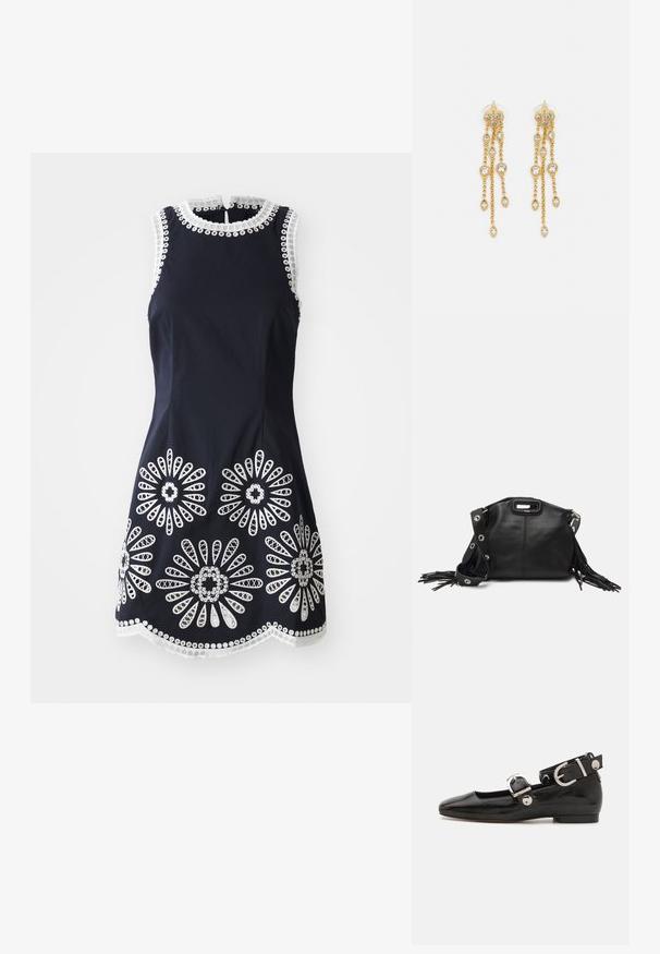 Tumši zila bez piedurknēm kleita ar baltu ziedu mežģīņu aplikāciju, viļņotu apakšmalu, apaļu kakla izgriezumu un pogu aizdari aizmugurē.; Melnas laika patenta ādas dzīvokļu kurpes ar kvadrātu purngalu, potītes siksna ar sudraba furnitūru un platu zoli. Gluda tekstūra ar minimālu dizainu.; Maje MISS MINI - Plecu soma - noir; Zelta tonī auskari ar vairākiem kaskādes ķēdēm, kas rotāti ar caurspīdīgiem ovāliem rhinestone akcentiem un dekoratīvām pīrsingiem.
