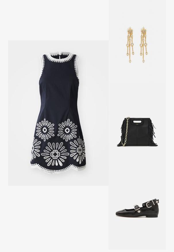Rochie fără mâneci de culoare albastră marin cu aplicații de dantelă florală albă, tiv ondulat, decolteu rotund și închidere cu buton la spate.; Pantofii plano din piele patent neagră, cu vârful pătrat, curea de gleznă cu accesorii din argint și talpă plată. Textură netedă cu un design minimalist.; Geantă de mână din piele neagră cu detalii din franjuri, curea de umăr din lanț auriu și un mâner cu tăietură. Prezintă plasarea logo-ului pe față.; Cercei aurii cu multiple lanțuri suspendate, având accente din rhinestone ovale clare și capete decorative cu tighel.