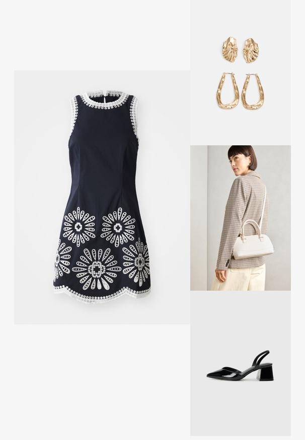 Käytävä sininen ilman hihnoja mekko, jossa on valkoiset kukkakuvioiset pitsit, aaltoileva helma, pyöreä pääntie ja nappikiinnitys takana.; Mustat patentoitu nahkakengät, joissa on säären takaosa ja terävä kärki, sekä geometrinen palikkakorko. Sisältää tyylikkään, minimalistisen muotoilun ja sileän pinnan.; Valkoinen rakenteellinen käsilaukku, jossa on lyhyet kahvat ja olkahihna, varustettu kultaisilla metalliosilla ja tekstuurilla, esillä harmaata taustaa vasten.; Korukultainen korvakorut, joissa on teksturoituja, aaltoilevia muotoja. Mukana on veistokselliset klipsikorvakorut ja avoin rengasmalli, jossa on vasaroitu pinta.