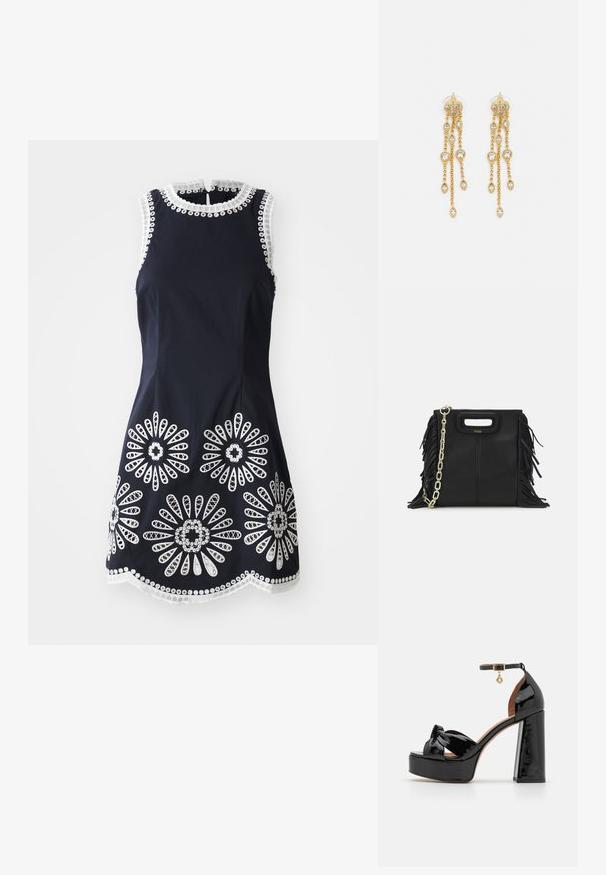 Tamsiai mėlynas be rankovių suknelė su baltais gėlių nėriniais, banguota apdaila, apvaliu kaklu ir mygtukų uždarymu gale.; Maje Aukštakulniai sandalai - noir; Juodas odinis rankų darbo rankinys su frinzuotomis detalėmis, auksine grandinės petneša ir išpjauto dizaino rankena. Pirmoje pusėje yra logotipo vieta.; Aukso spalvos auskarai su keliais kaskadiniais grandinėlėmis, su skaidriais ovaliais kristalų akcentais ir dekoratyviniais auskarų priekiais.