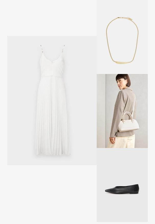 Hvid plisseret kjole med tynde stropper, V-hals og tekstureret stof. Har en tætsiddende liv og en svajende skirt.; Sort læder balletflade, spidse tæer, minimalistsk design, glat tekstur, lav hæl, ingen synlig hardware eller udsmykninger.; Hvid struktureret taske med korte håndtag og en skulderrem, prydet med guldfarvede hardwaredetaljer og tekstureret materiale, præsenteret mod en grå baggrund.; Guldplateret halskæde med en glat, buet central aksent. Har en fleksibel kæde med en hummerlås og ekstra justerbare kædelinks.