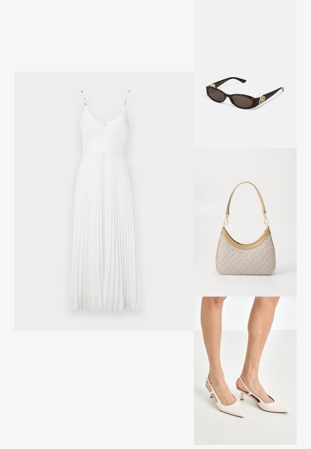 Vestido blanco con pliegues, tirantes finos, y escote en V, fabricado con un tejido texturizado. Presenta un corpiño ajustado y una falda fluida.; Tacones slingback de charol beige con punta afilada y un tacón de 5 cm, con lados recortados y una delgada correa en el tobillo.; Gafas de sol carey con lentes ovalados alargados, tintado marrón, acentos de logo dorado en las patillas y brazos negros elegantes.; Bolso de mano beige con un patrón y forma curva, acentos de cuero y un logo tono dorado en la parte frontal. Cuenta con un asa corta para un fácil transporte.