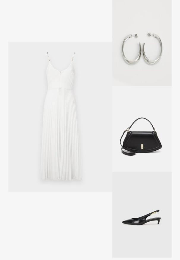 White pleated dress with thin straps, V-neckline, and textured fabric. Features a fitted bodice and a flowing skirt.; Black leather slingback heels with a pointed toe, featuring a slim heel and a gold-tone accent on the adjustable strap. Smooth texture.; Black leather handbag with a structured design, featuring a cropped shape, top handle, and gold hardware accent. Adjustable shoulder strap included.; Silver hoop earrings with a smooth, curved design. Features a shiny metallic finish and stud closure. No visible patterns or accents.
