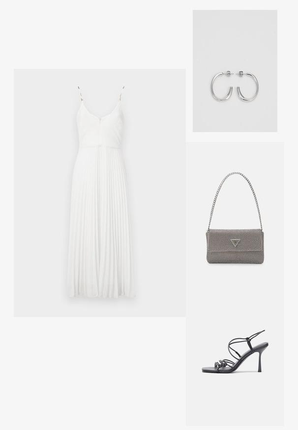 Balta plīvēta kleita ar plānām siksnām, V formas izgriezumu un teksturētu audumu. Iekļauj pieguļošu korseti un plūstošu svārku.; Melnas augstpapēžu sandales ar plāniem siksniņām un mezgla dizainu, gluda kvadrātveida purngalu un elegantu stiletto papēdi.; Gaiši pelēka metāla rokassoma ar ķēdes siksnu, rotāta ar mazām apaļām metāla kniedēm un trīsstūra zīmola logo.; Sudraba riņķveida auskari ar gludu, spīdīgu apdari. Apaļas formas, viegla dizaina, ar aizdari uz stieples.