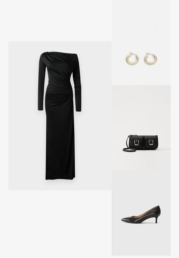 Svart långärmad klänning, tillverkad av draperat tyg. Har en asymmetrisk halsringning och samlade detaljer på ena sidan, golvlång design.; Svart läderpumps med spetsig tå, låg klack och slät yta. Har en liten öppning framtill och minimal hårdvara bak.; Svart läderaxelväska med två framfickor, guldspännen, dragkedjestängning och en smal rem. Texturerad yta och kompakt rektangulär form.; Lauren Ralph Lauren BASIC SMALL HOOP - Örhänge - gold-coloured