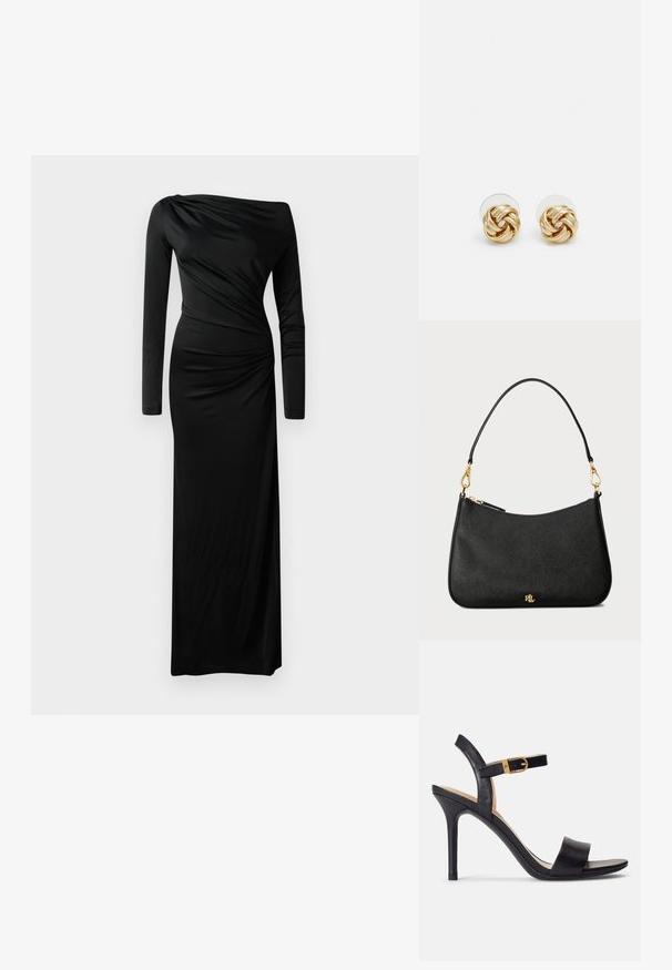 Mustapituinen pitkähihainen mekko, joka on valmistettu roikkuvasta kankaasta. Siinä on epäsymmetrinen pääntie ja kerätty yksityiskohta yhdellä puolella, ja se ulottuu lattiaan.; Mustat korkokengät, joissa on sileä nahkapinta, avoin kärki ja yksinkertainen hihnadesigni kultabucklella.; Musta nahkainen käsilaukku, jossa on jämäkkä muotoilu, vetoketjusuljenta, irrotettava olkahihna ja kultaiset yksityiskohdat.; Kultaketjut korvakorut, joissa on kierretystä muotoilusta valmistettu solmu. Jokaisessa korvassa on pyöreä, kirkas tausta varman käyttömukavuuden takaamiseksi.