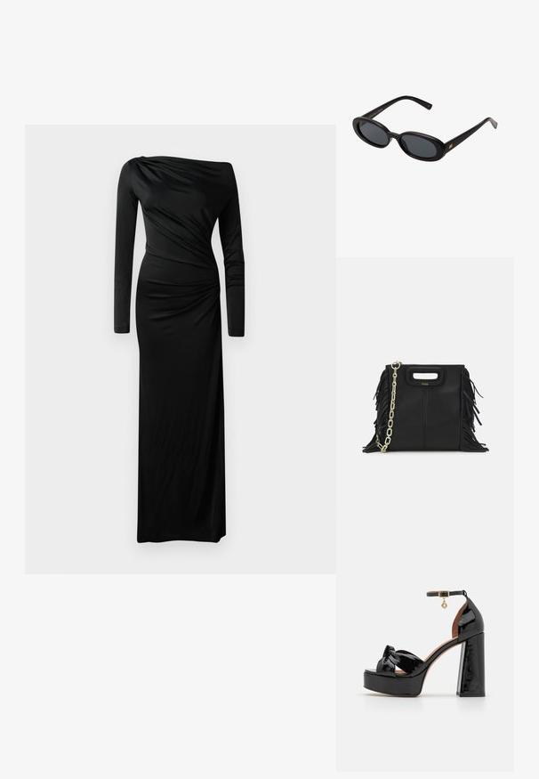 Černé dlouhé šaty s dlouhým rukávem, vyrobené z drapovaného materiálu. Mají asymetrický výstřih a na jedné straně stažení, délka až na zem.; Maje Sandály na vysokém podpatku - noir; Černé oversized sluneční brýle s oválnými čočkami, hladkým plastovým rámem a zlatými akcenty na spáncích. Tmavé čočky poskytují ochranu před sluncem.; Černá kožená kabelka s třásněmi, zlatým řetízkovým ramenním popruhem a rukojetí s výřezem. Na přední straně se nachází logo.