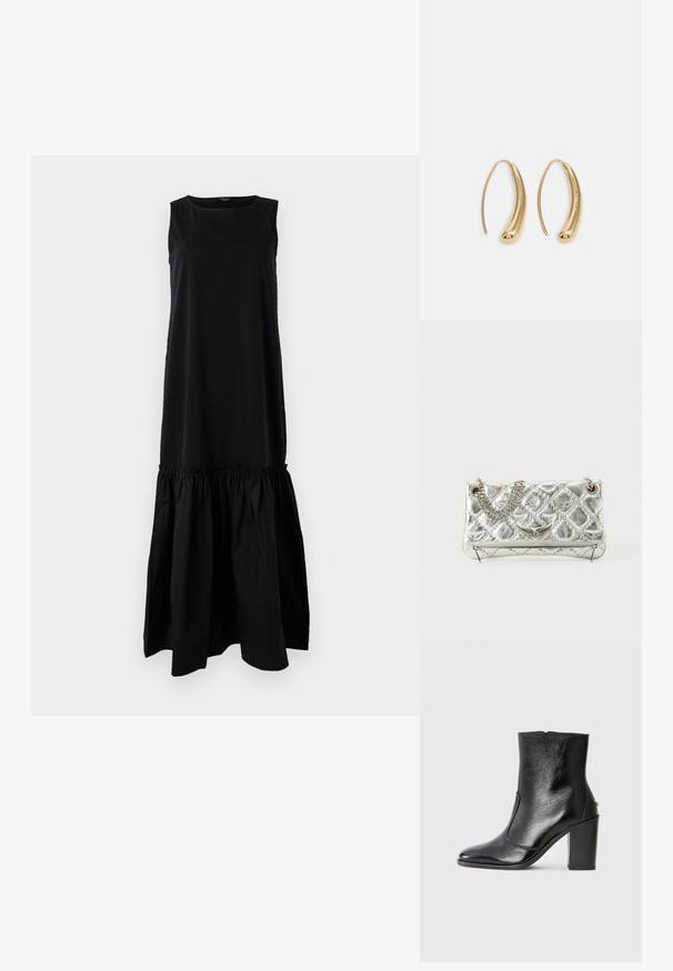 Must mustriga kleit, millel on sobiv ülemine osa ja laienev, volditud alumine osa. Valmistatud pehmest kangast, funktsioonideks on ümmargune kaelus ja keskmise sääre pikkus.; Must kõvale nahast pahklipsu saapad, millel on sile tekstuur, terav varvas ja paks kõrge kann. Omab külgavatust ja minimalistlikku disaini.; Hõbedane metallist käekott ahelakäepidemega, koos tepitud tekstuuri, dekoratiivse õmbluse ja lukuga. Esiküljel on embosseeritud aktsendid.; Kuldtoonilised metallist rõngas kõrvarõngad, millel on kõver ja piklik kuju. Omavad siledat, läikivat pinda ja ümarat tipptugevdust, mis lisab detaili.