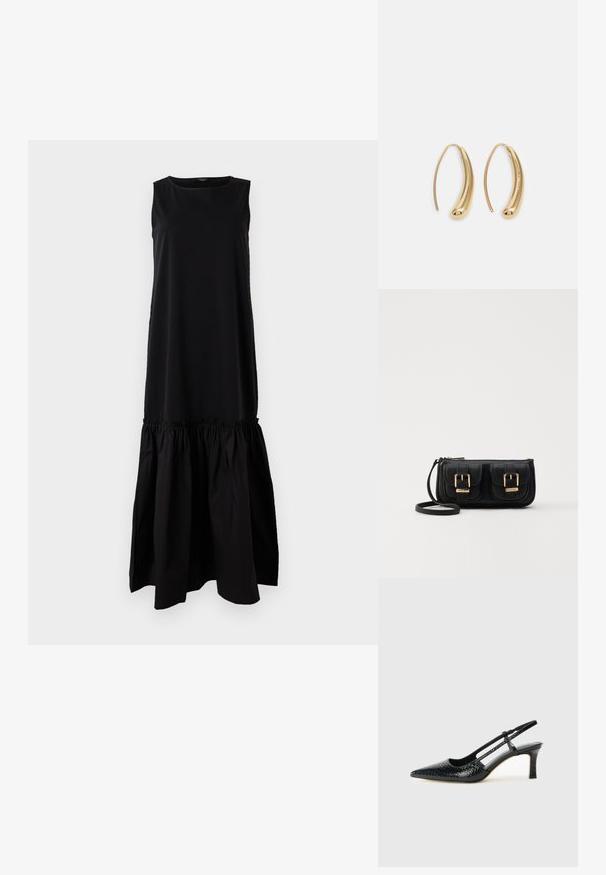 Melna bez piedurknēm tērps ar pieguļošu augšdaļu un plašu, saplacinātu apakšu. Izgatavots no mīksta auduma, ar apaļu kakla izgriezumu un līdz ceļiem garumu.; Melna patent āda ar slīdošo papēdi un smailo purngalu, ar teksturētu čūsku drukājumu, regulējamu siksniņu un īsu teksturētu blokpapēdi.; Melnas ādas crossbody soma ar divām priekšējām kabatām, zelta sprādzēm, ar rāvējslēdzēju aizdari un šauru siksnu. Strukturēta virsma un kompakta taisnstūra forma.; Zelta toņu metāla gredzena auskari ar izliektu, pagarinātu formu. Ar gludu, spīdīgu virsma un noapaļotu galu papildu detaļām.